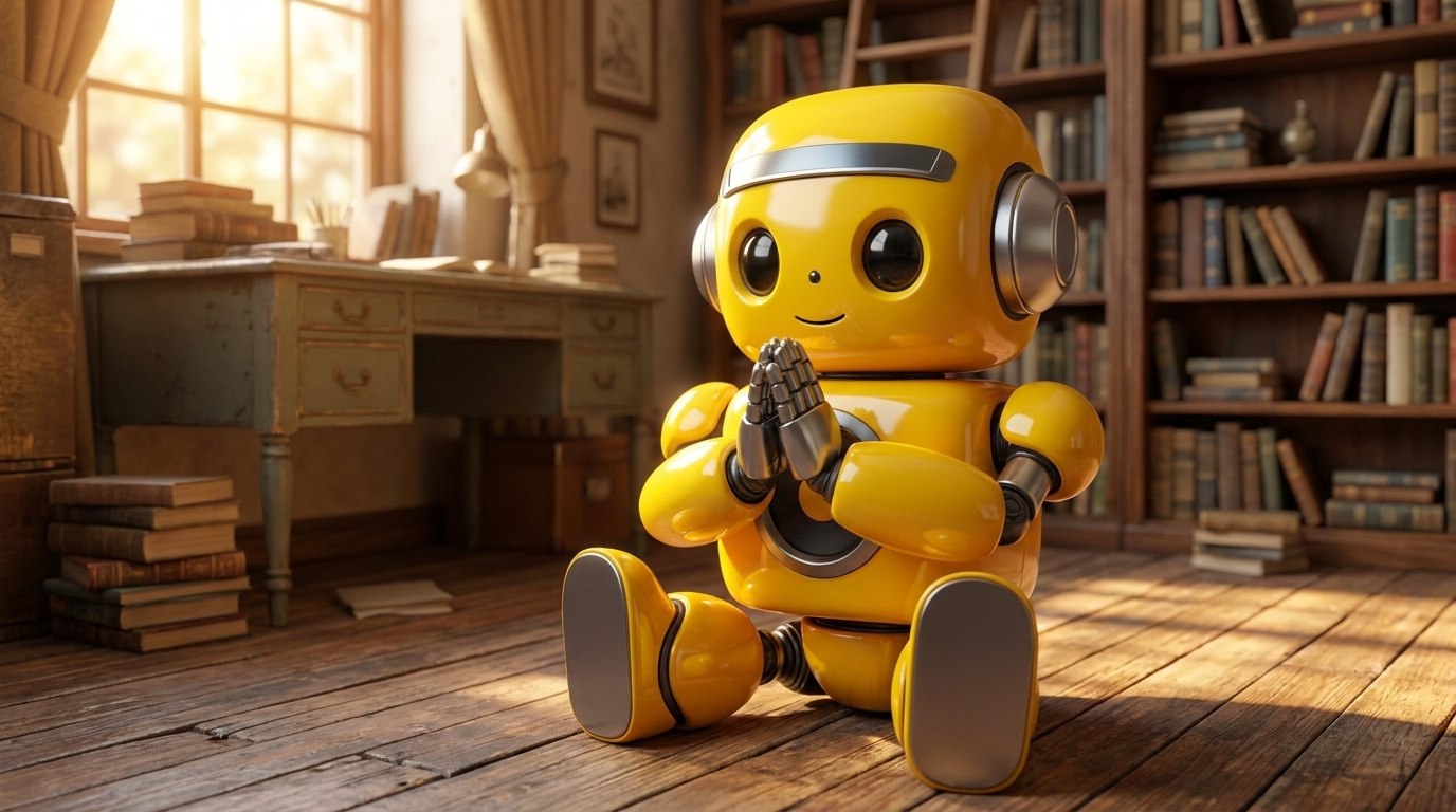 A little yellow robot praying